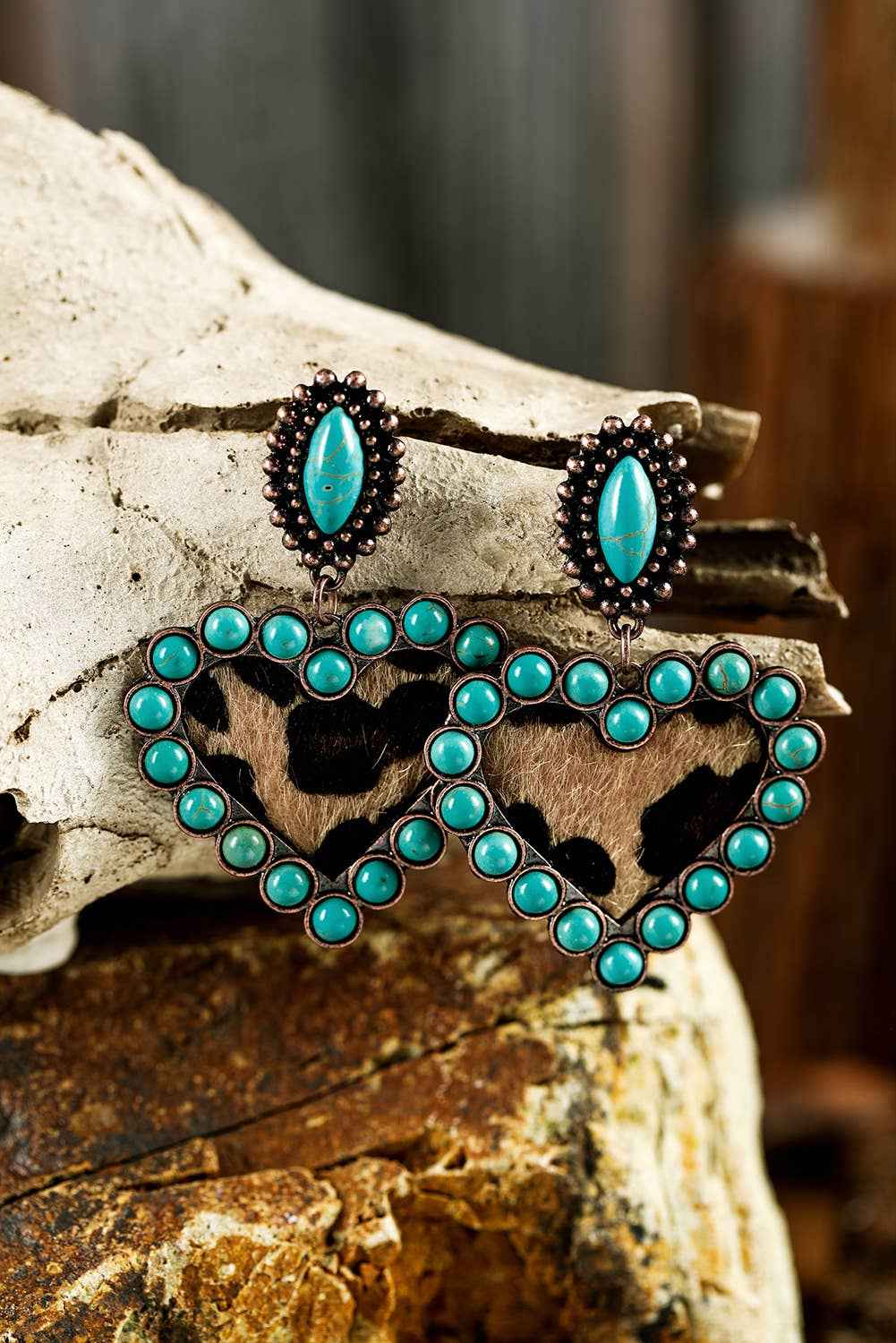 LDC Studded Leopard Insert Heart Dangle Earrings