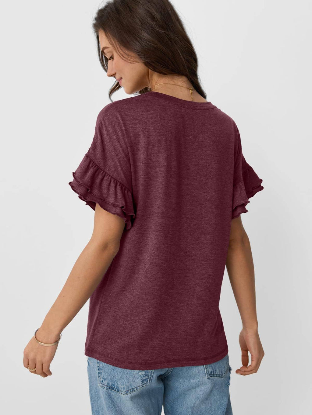 Women's Ruffle Sleeve Crew Neck T-Shirt – Casual Summer Solid Color Top