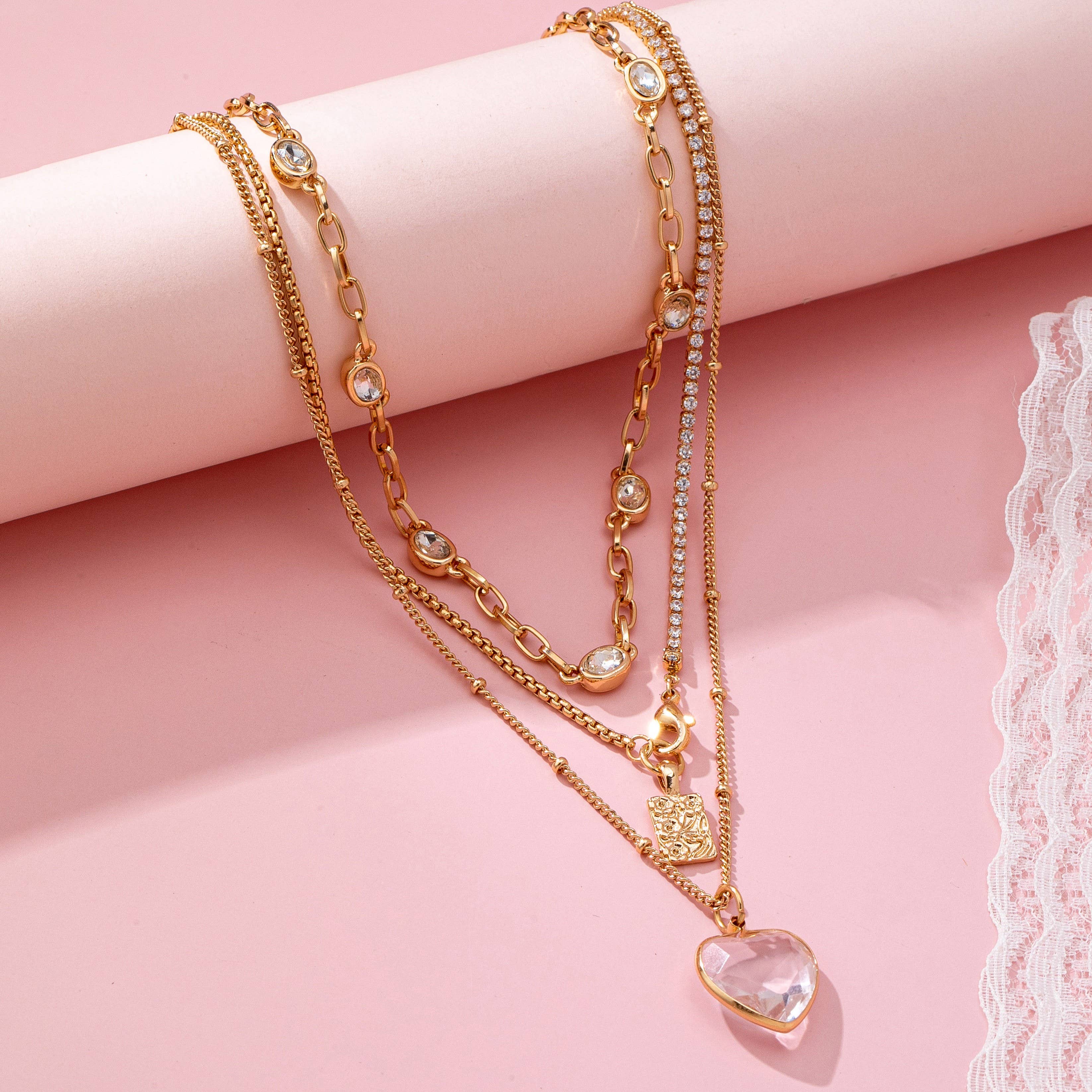 Multi Layered Rhinestone Heart Charm Necklace | 80N92691