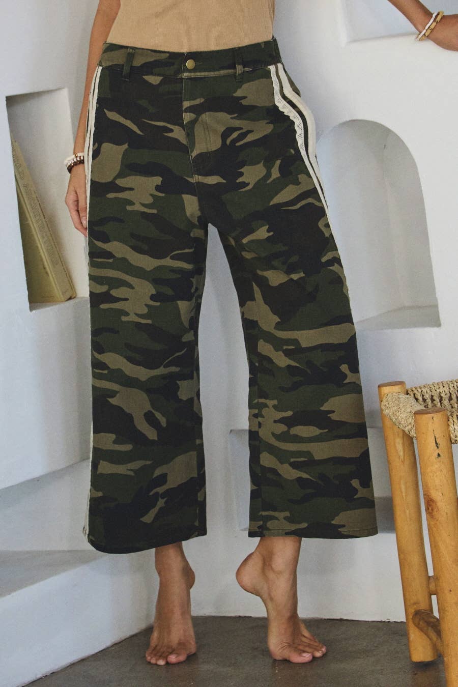 Camo Printed Washed Denim Cropped Pants