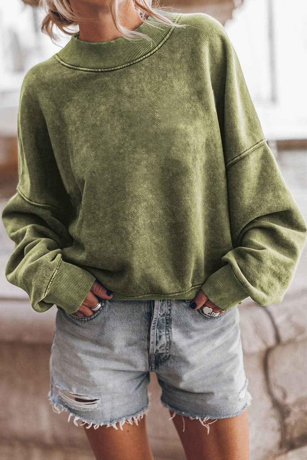 Solid Color Drop Shoulder Crew Neck Pullover Sweatshirt: Blue / 75%Polyester+25%Cotton / M
