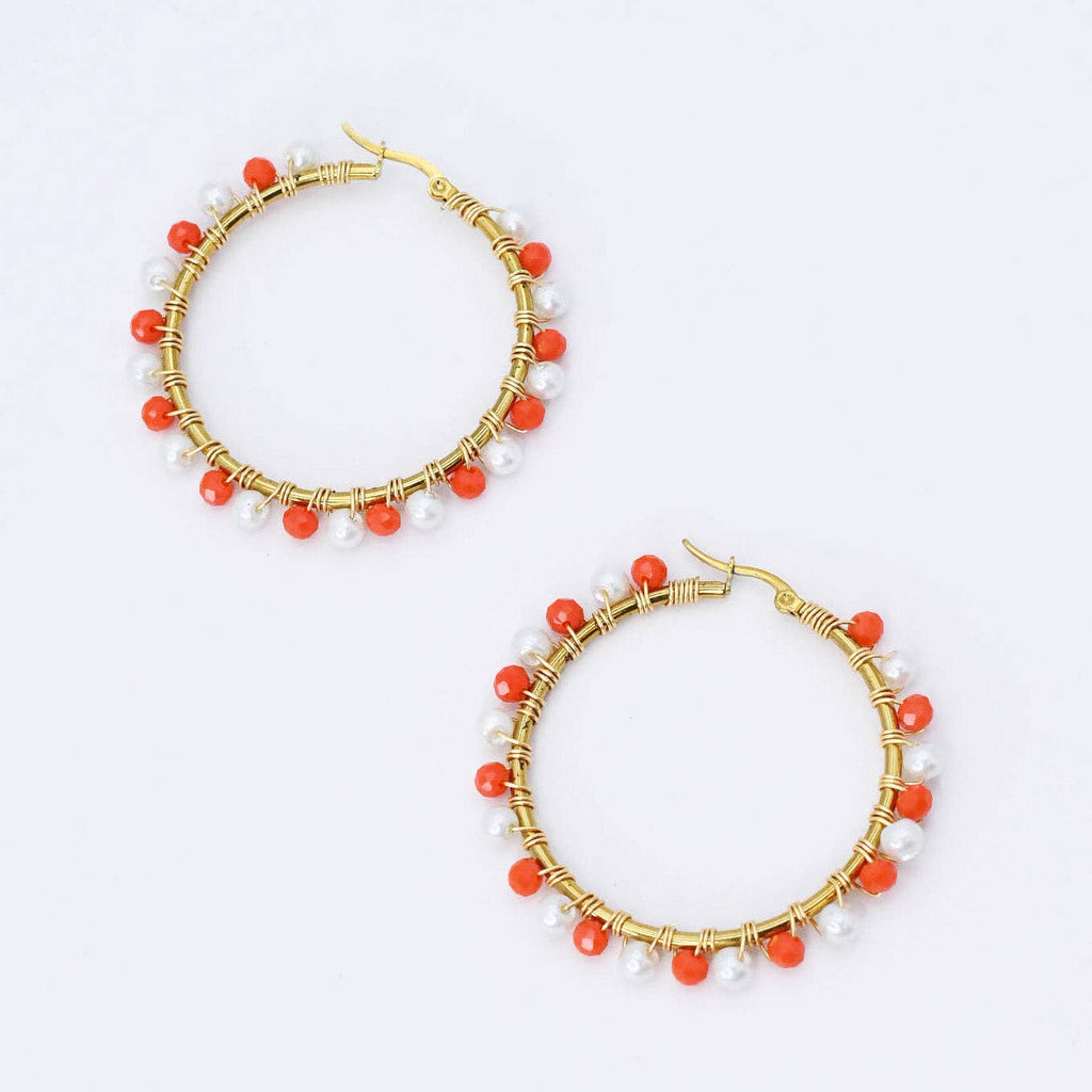 Orange/White Beaded Hoop Earrings
