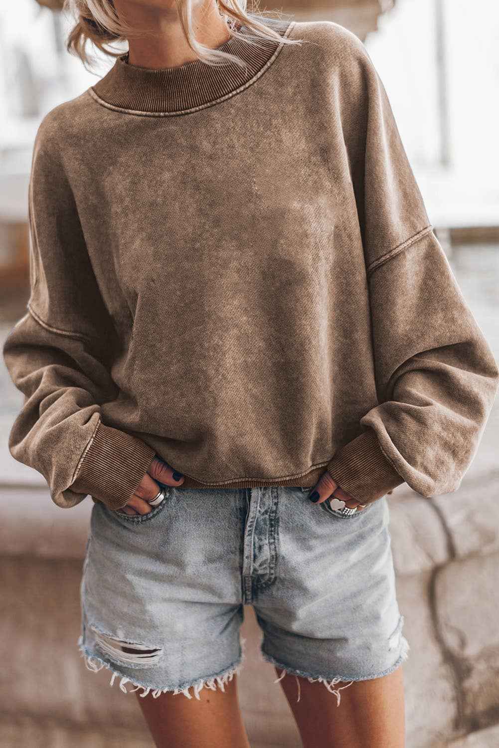 Solid Color Drop Shoulder Crew Neck Pullover Sweatshirt: Blue / 75%Polyester+25%Cotton / M