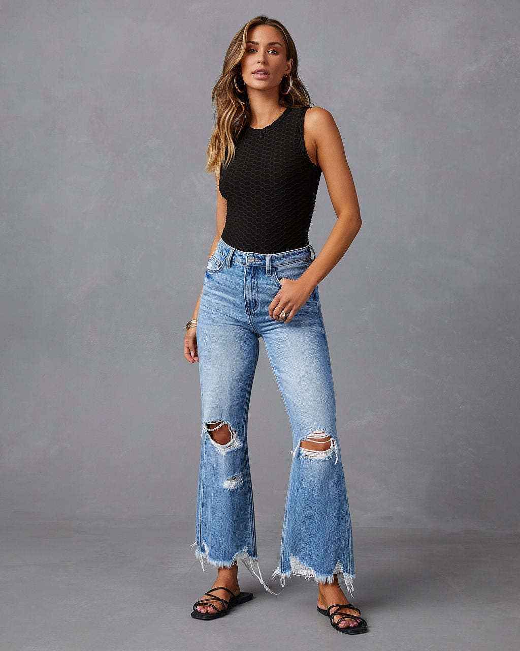 High Waist Distressed Wide Leg Denim Pants with Tie-Dye Wash