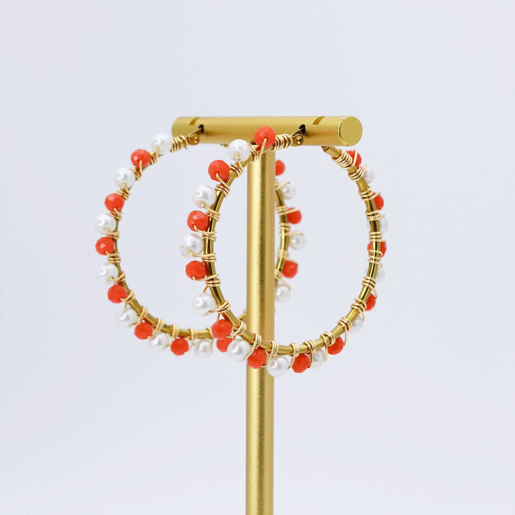 Orange/White Beaded Hoop Earrings