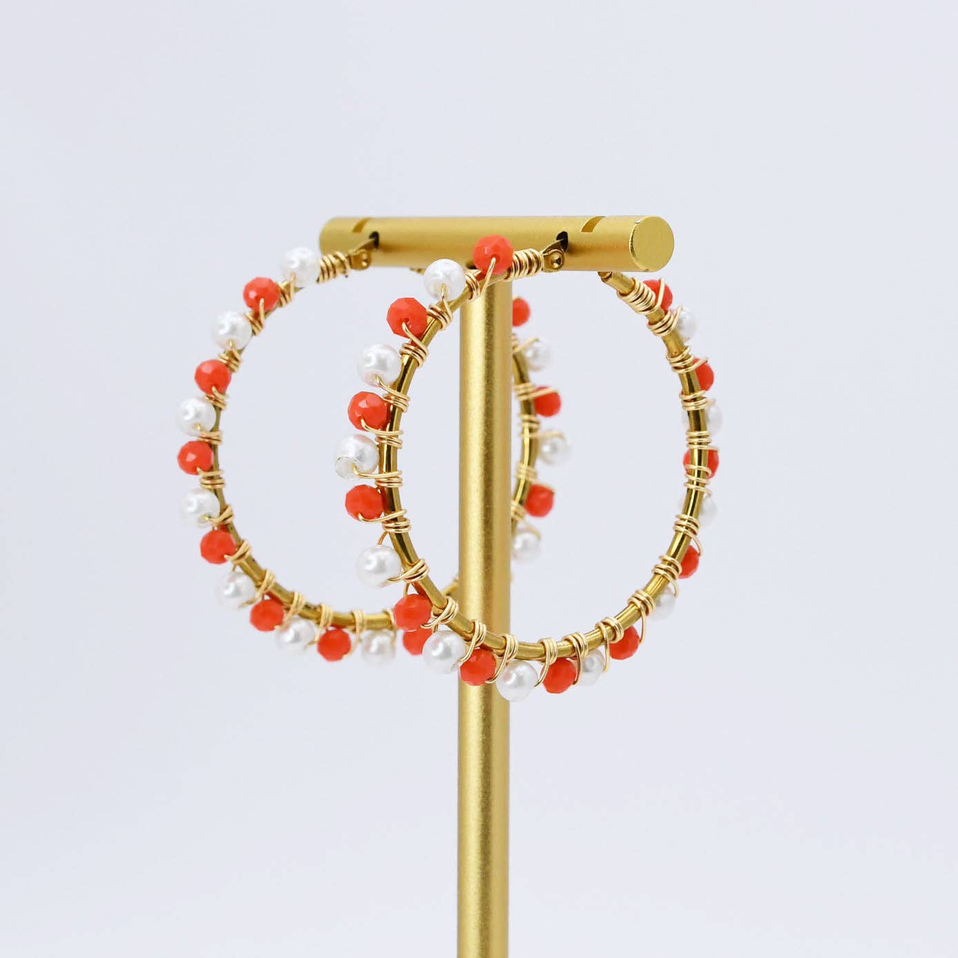 Orange/White Beaded Hoop Earrings