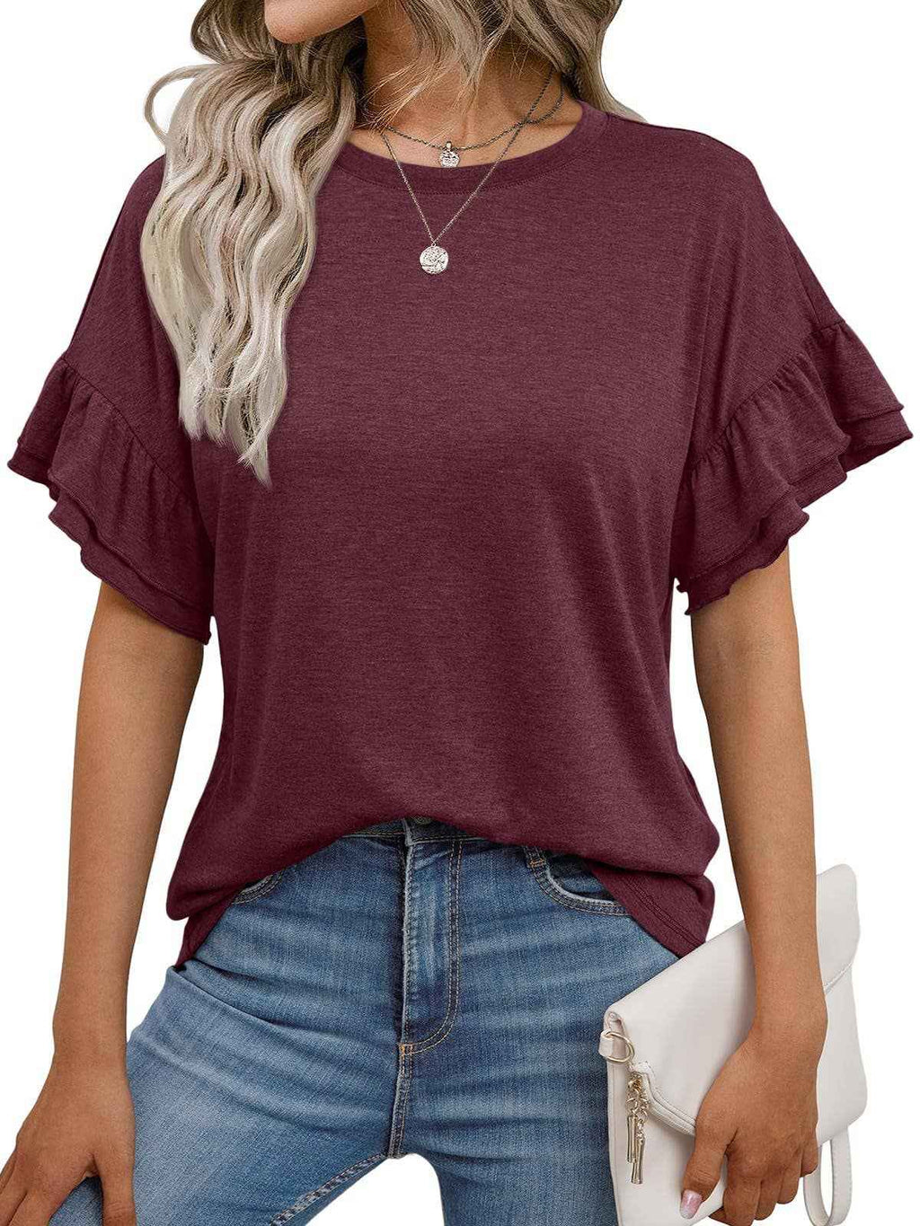 Women's Ruffle Sleeve Crew Neck T-Shirt – Casual Summer Solid Color Top