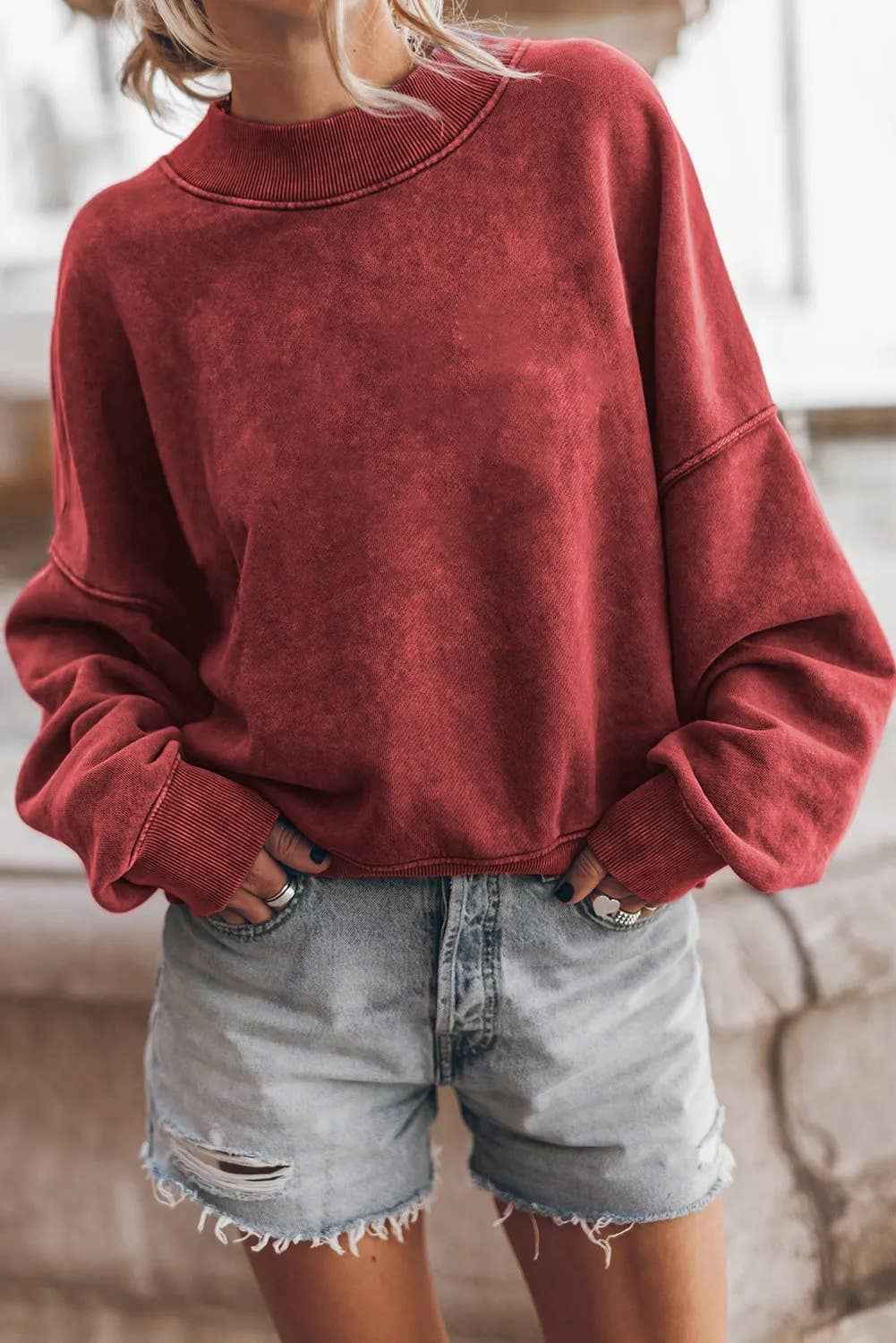Solid Color Drop Shoulder Crew Neck Pullover Sweatshirt: Blue / 75%Polyester+25%Cotton / M