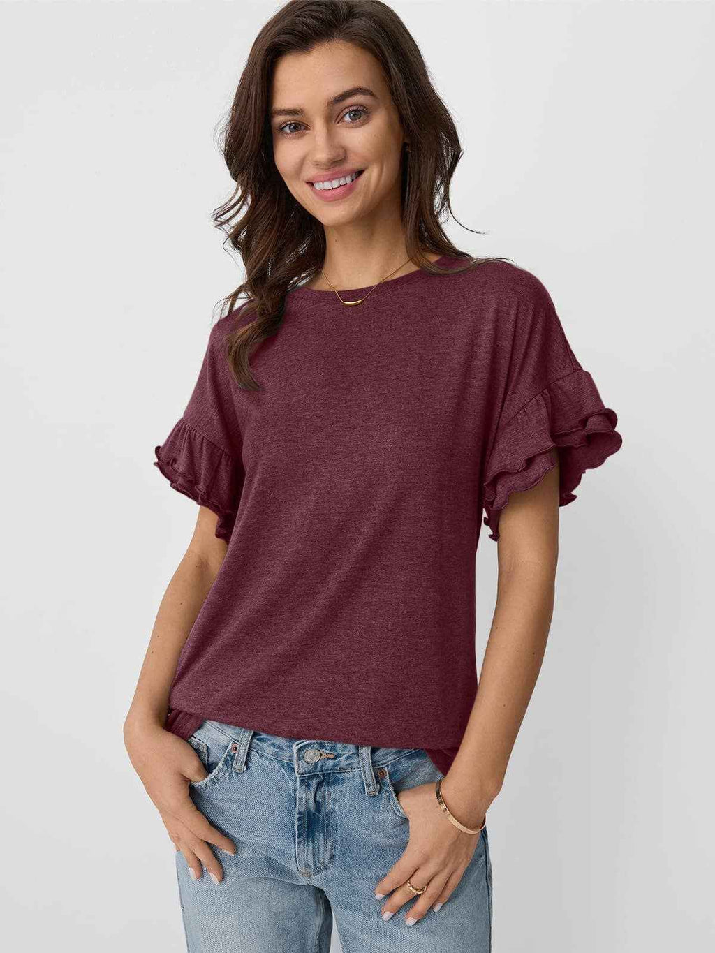 Women's Ruffle Sleeve Crew Neck T-Shirt – Casual Summer Solid Color Top