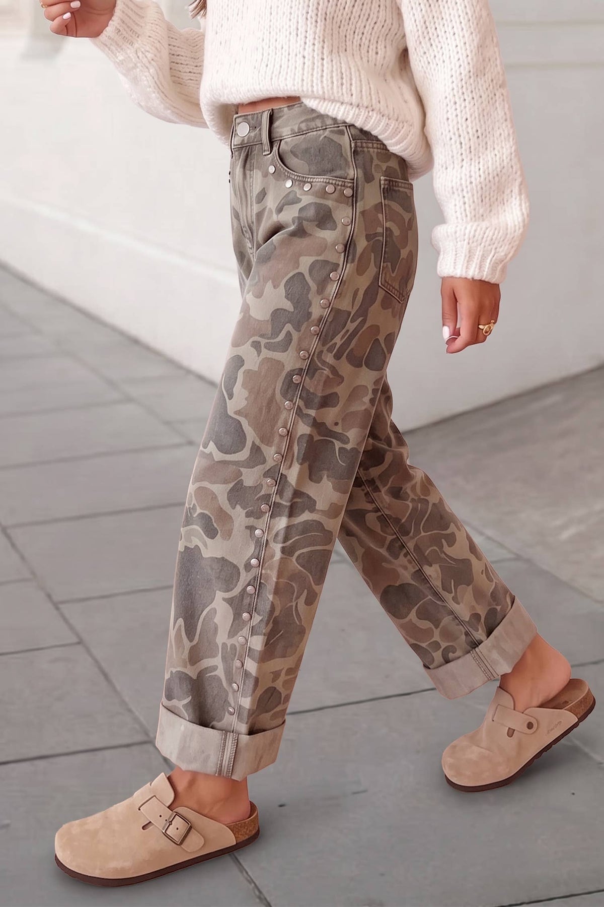 Camo Print Studded Straight Loose Jeans | Expected by 10/25