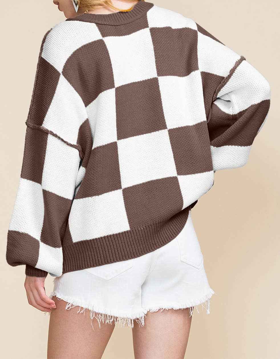 Stripe Checkered Bishop Sleeve Sweater