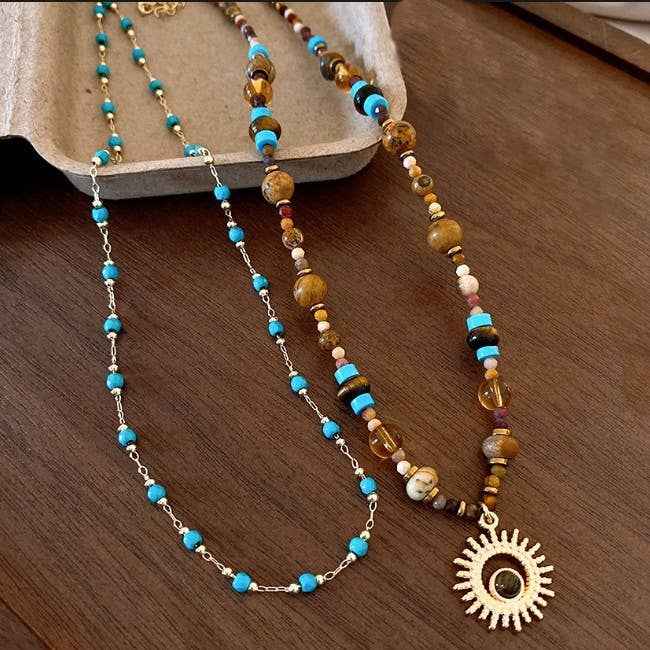 MULTI LAYER  NATURAL STONE CHAIN CHARM NECKLACE | 40NK9625