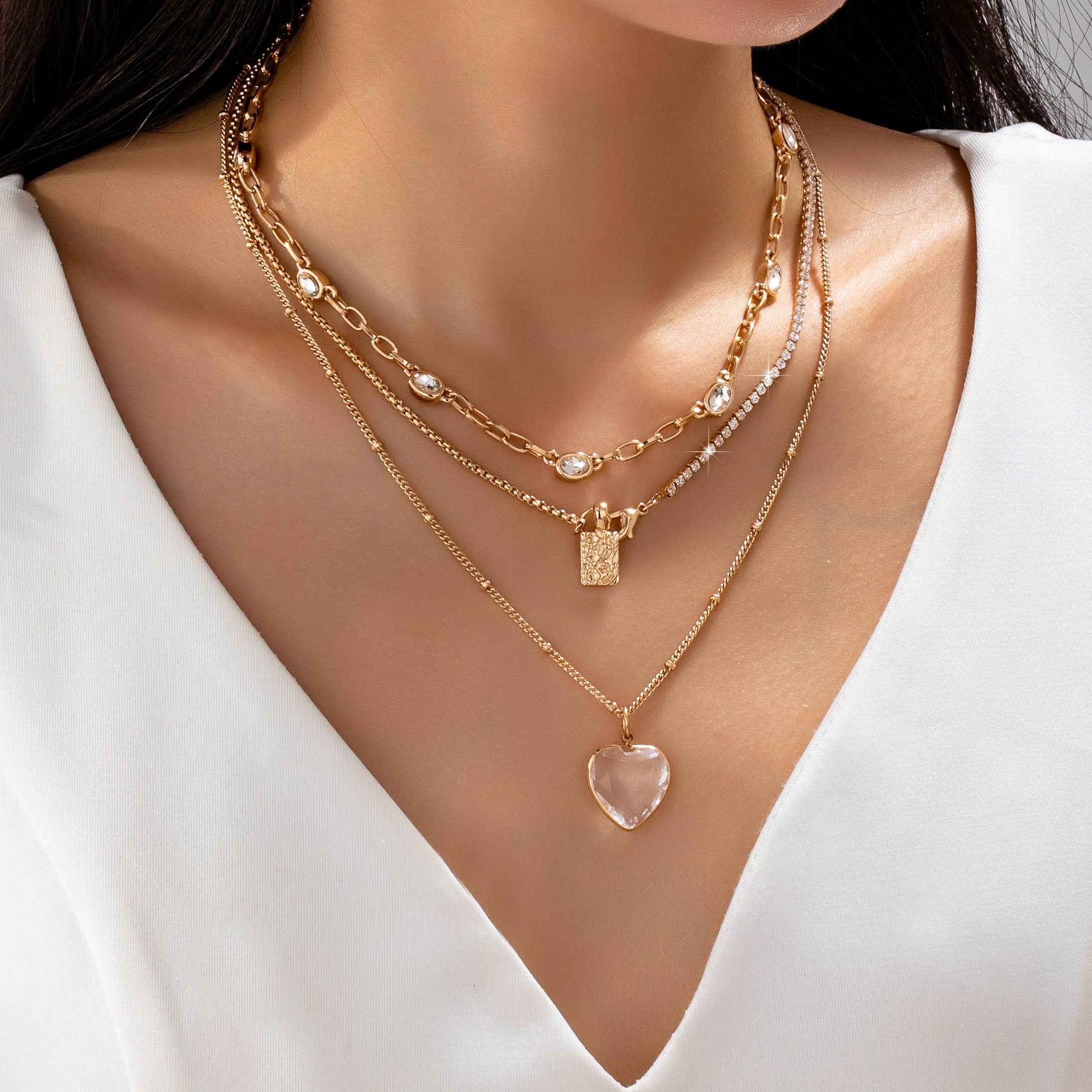 Multi Layered Rhinestone Heart Charm Necklace | 80N92691