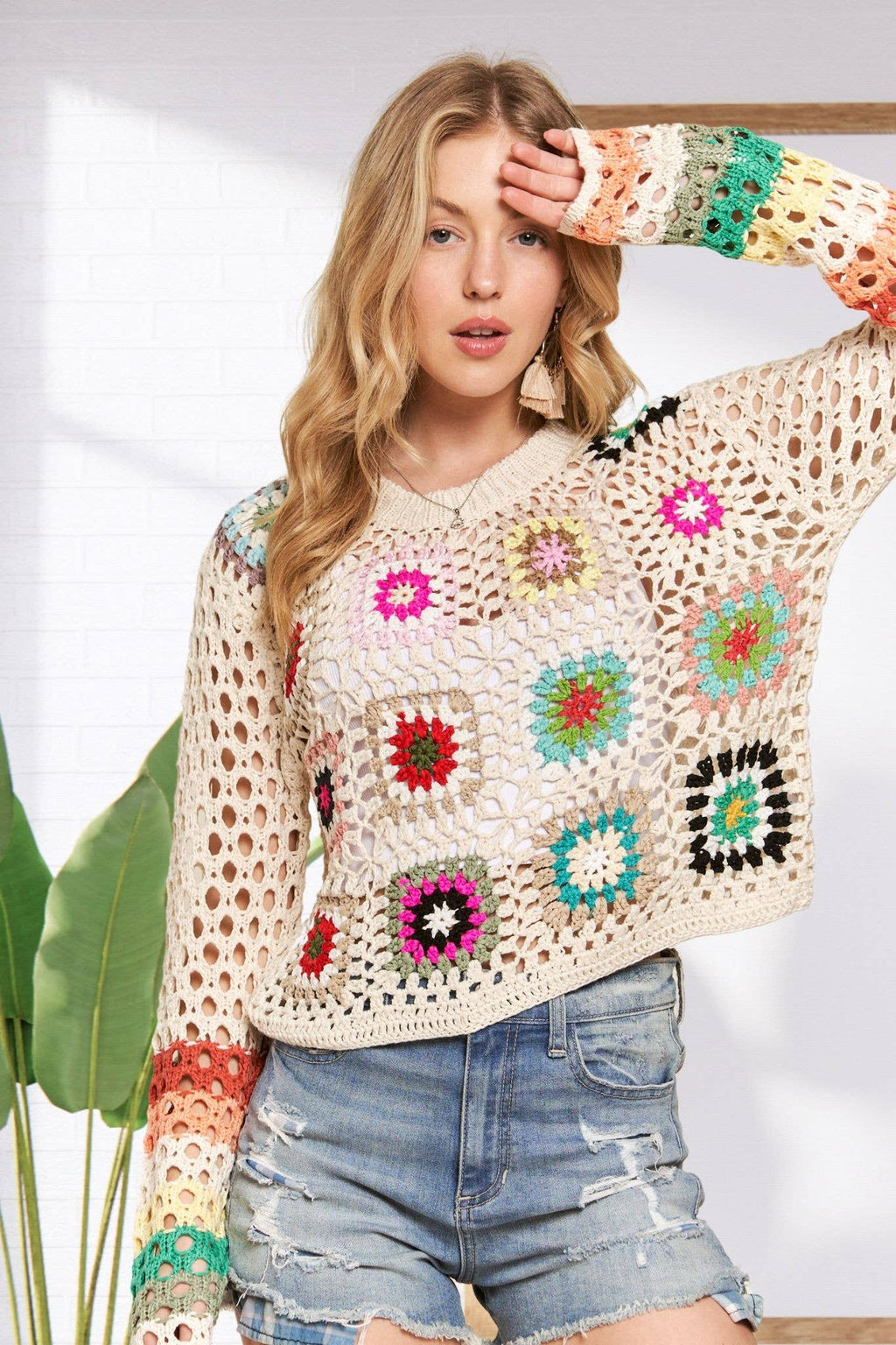 LONG SLEEVES MULTI COLOR CROCHET TOP - CESW3538