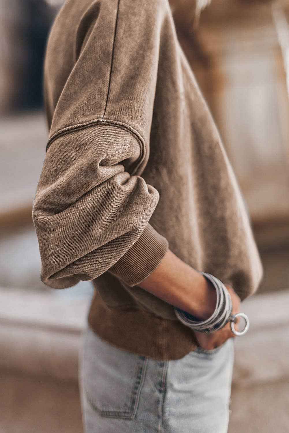 Solid Color Drop Shoulder Crew Neck Pullover Sweatshirt: Blue / 75%Polyester+25%Cotton / M