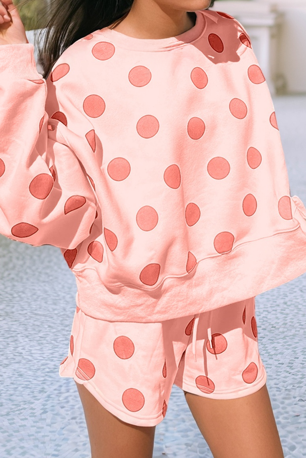 Polka Dot Drop Shoulder Pullover Drawstring Short Set