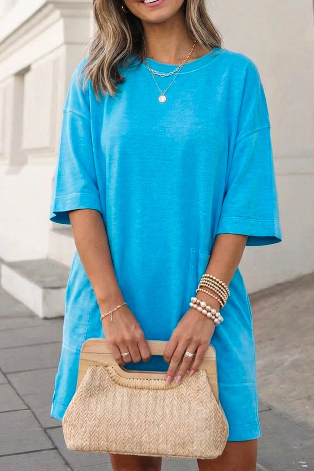 Solid Drop Shoulder Loose T Shirt Mini Dress | S-XL