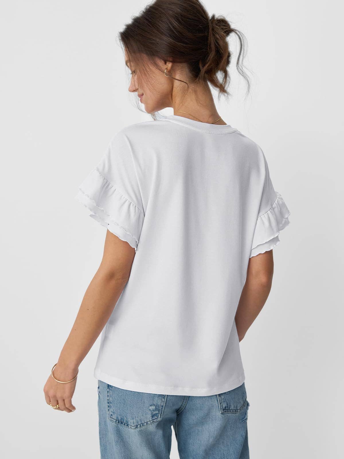 Women's Ruffle Sleeve Crew Neck T-Shirt – Casual Summer Solid Color Top