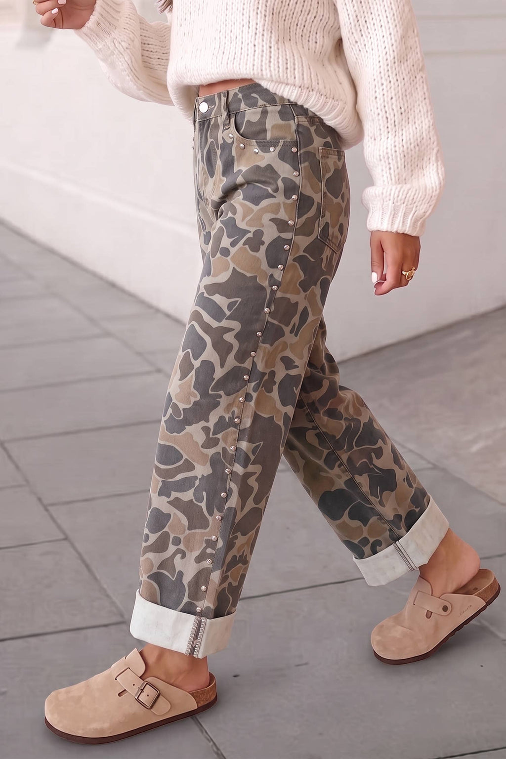 Camo Print Studded Straight Loose Jeans | Expected by 10/25