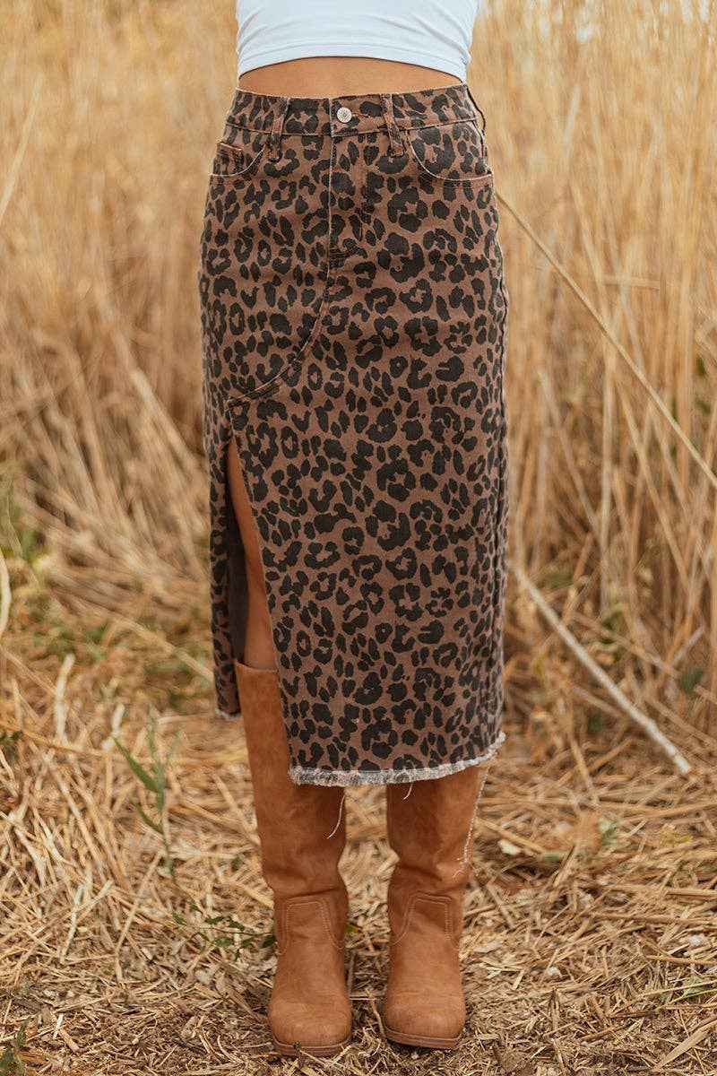 Leopard Frayed Split Denim Midi Skirt