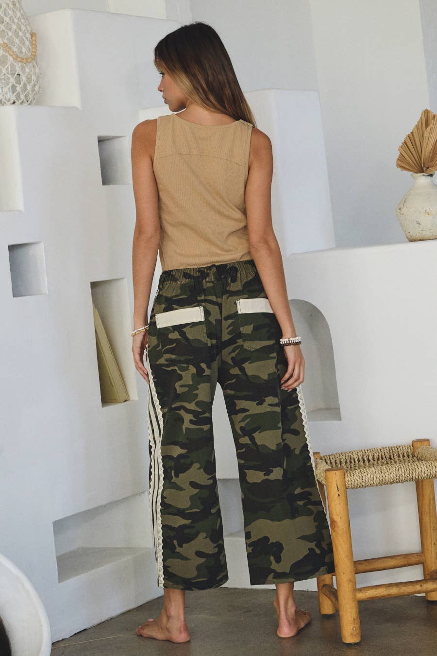 Camo Printed Washed Denim Cropped Pants