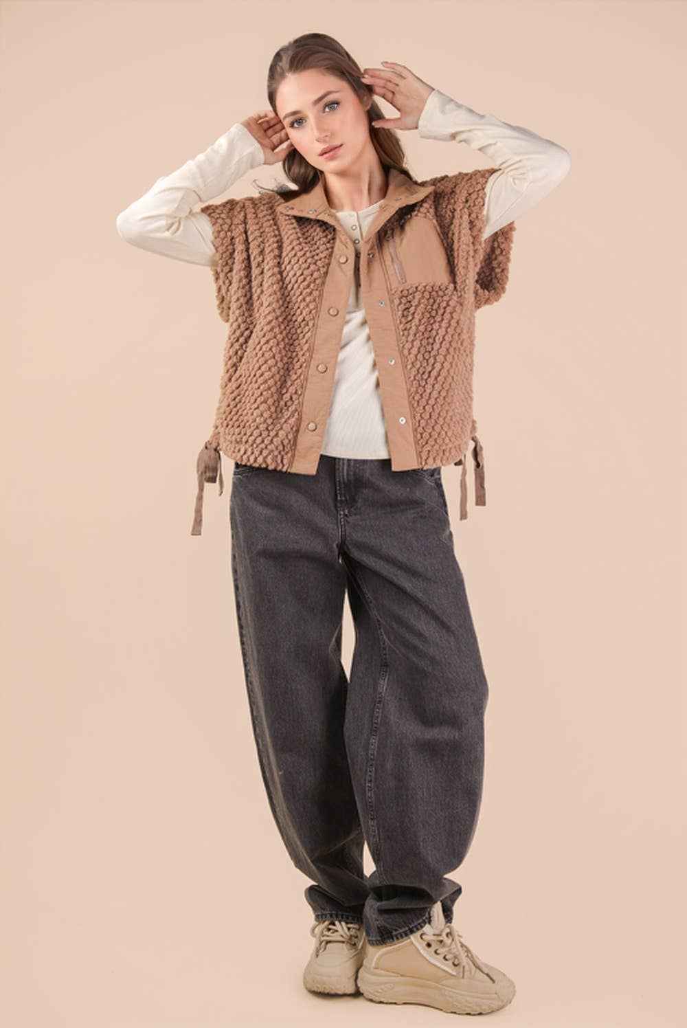 NJ90437-Soft Textured Woven Vest W/ Side Tie