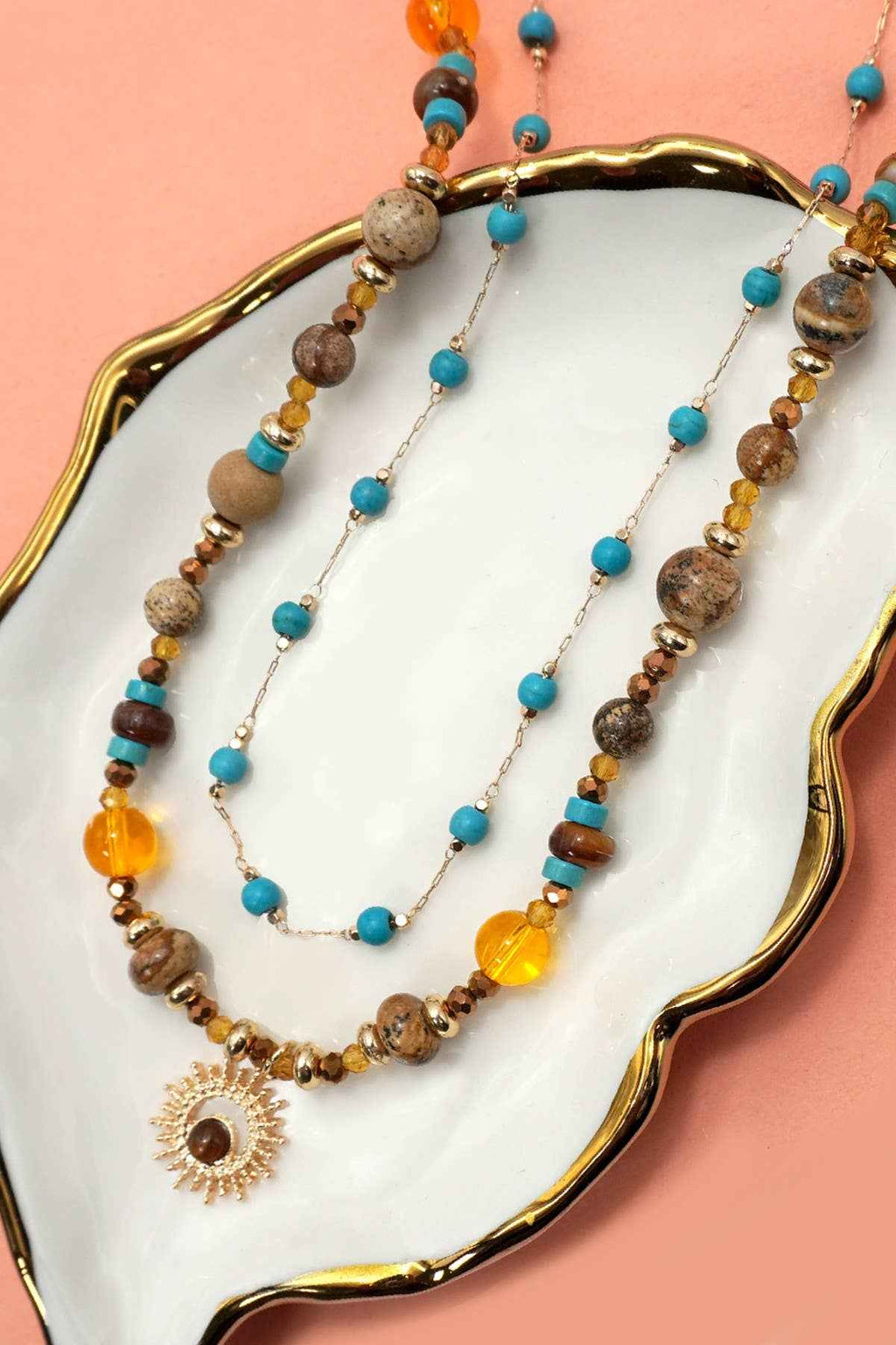 MULTI LAYER  NATURAL STONE CHAIN CHARM NECKLACE | 40NK9625