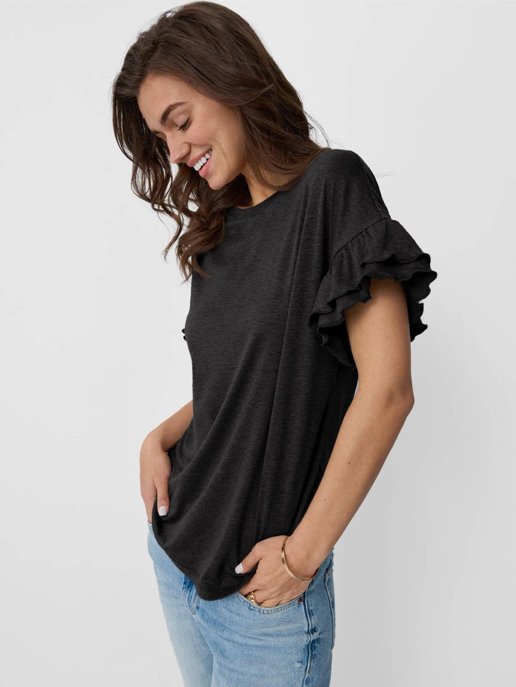 Women's Ruffle Sleeve Crew Neck T-Shirt – Casual Summer Solid Color Top
