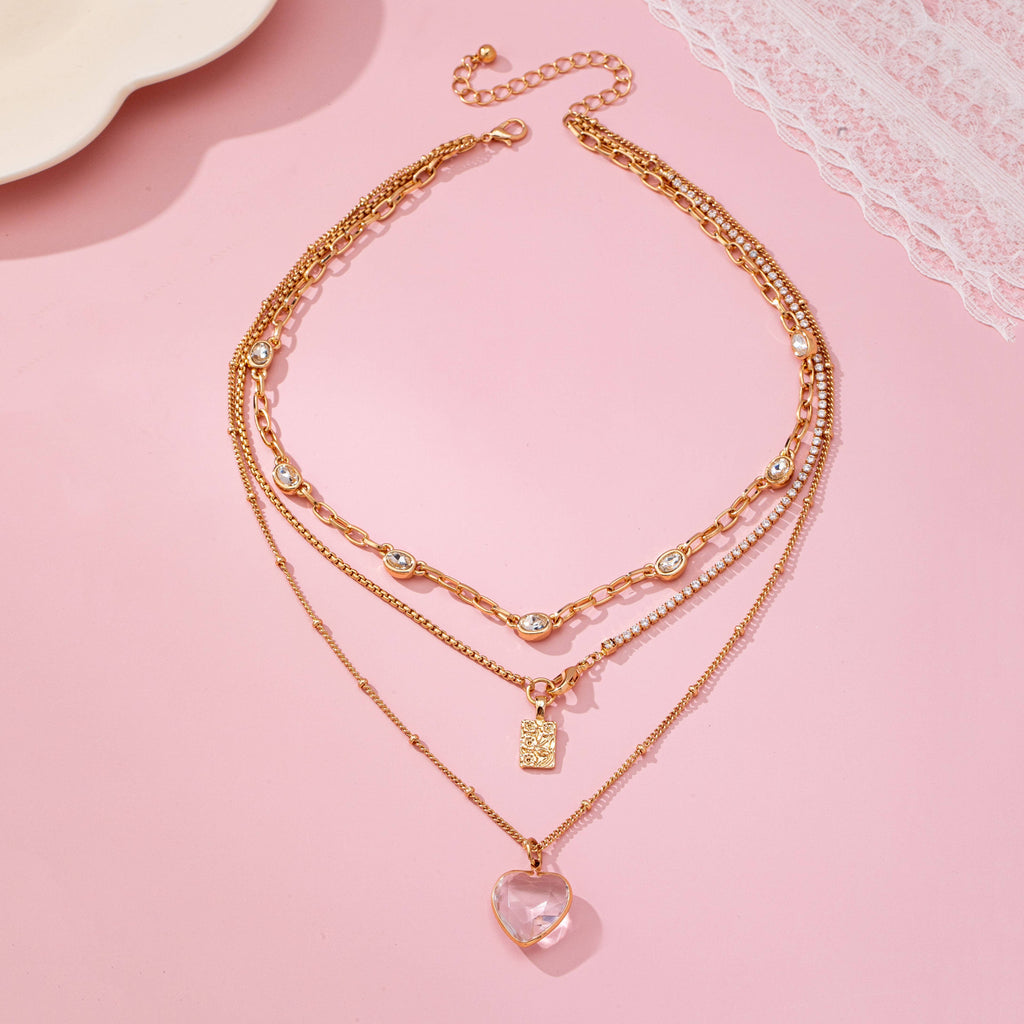 Multi Layered Rhinestone Heart Charm Necklace | 80N92691