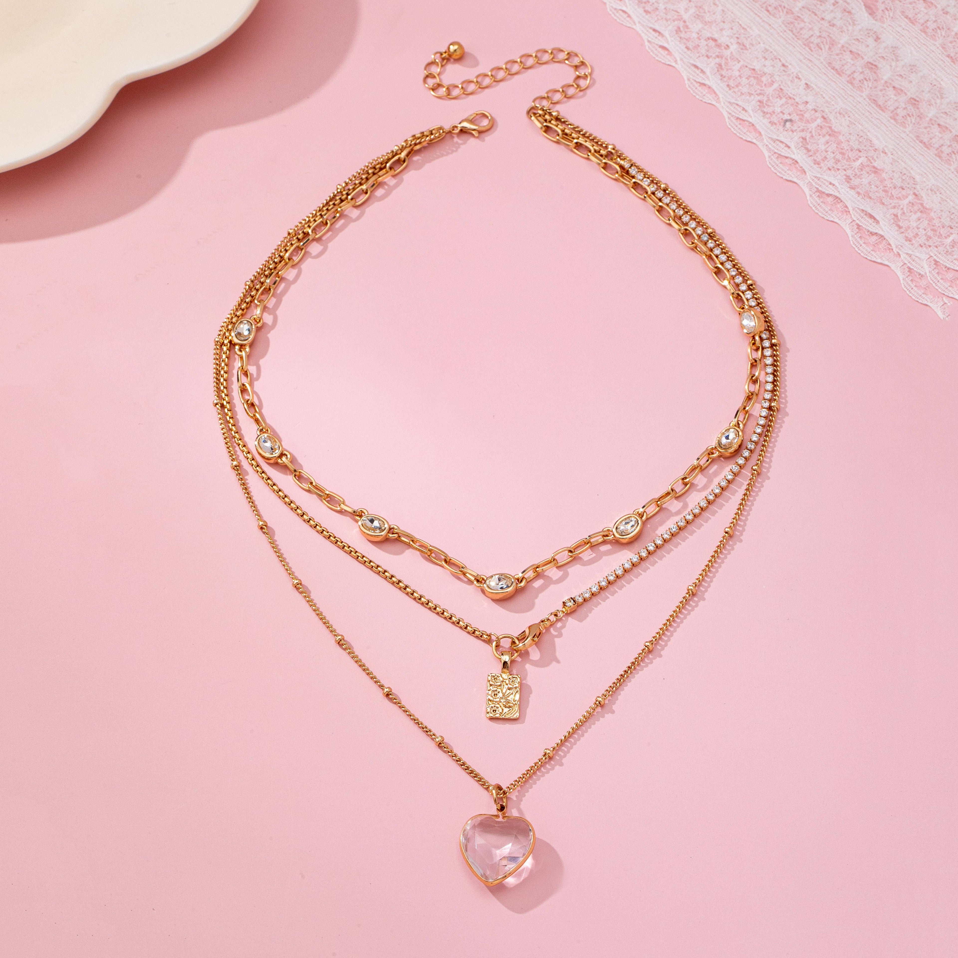 Multi Layered Rhinestone Heart Charm Necklace | 80N92691
