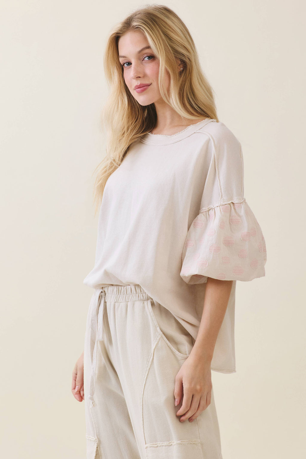 Mineral Washed Pink Polka dot Balloon Puff Blouse