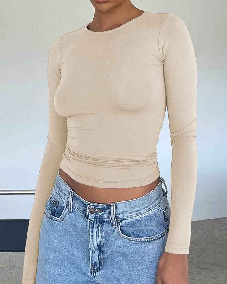 Sweetkama Ladies Solid Color Long Sleeves Casual Tee