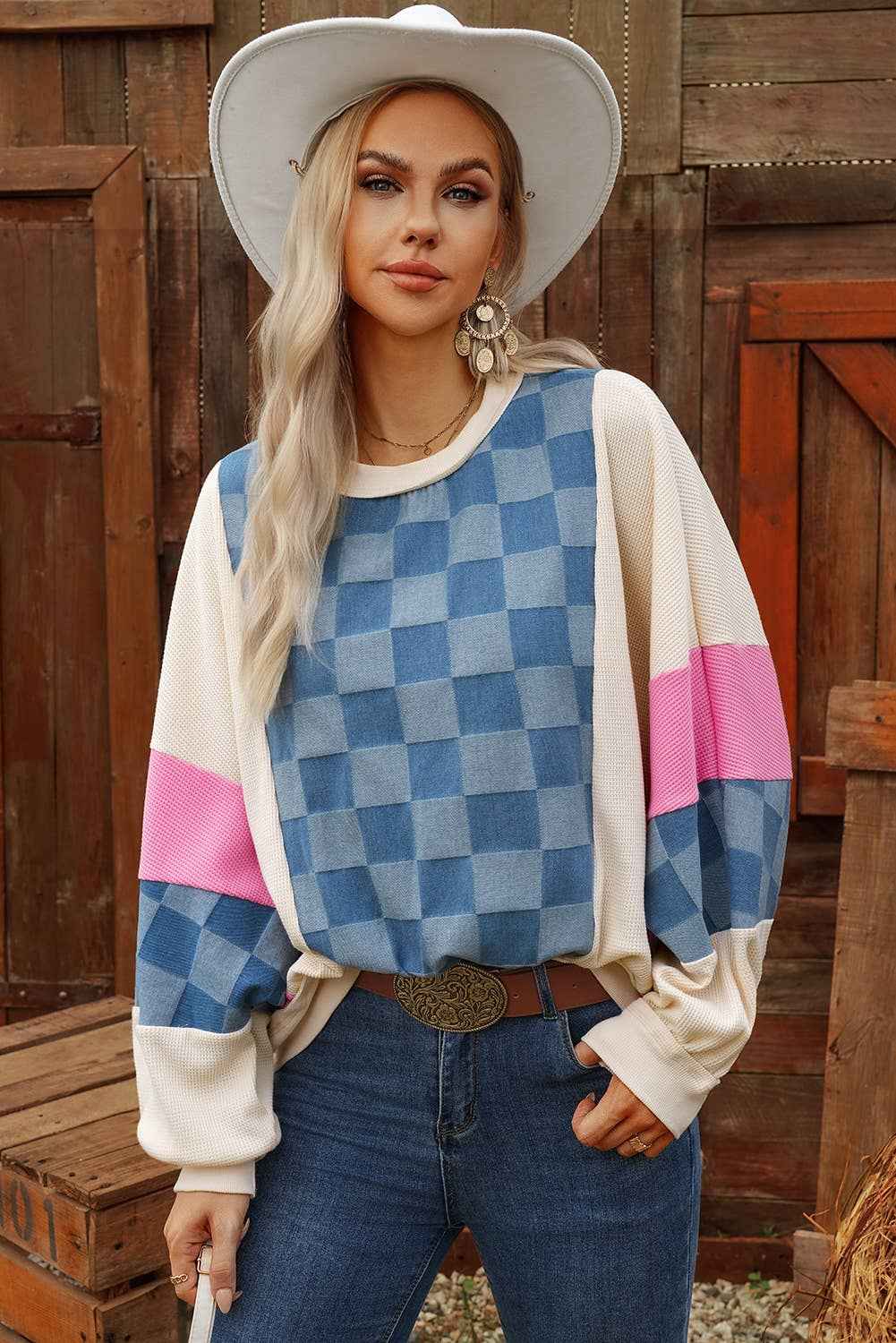 Fashion-W Checkered Denim Exposed Seam Patch Sweatshirt