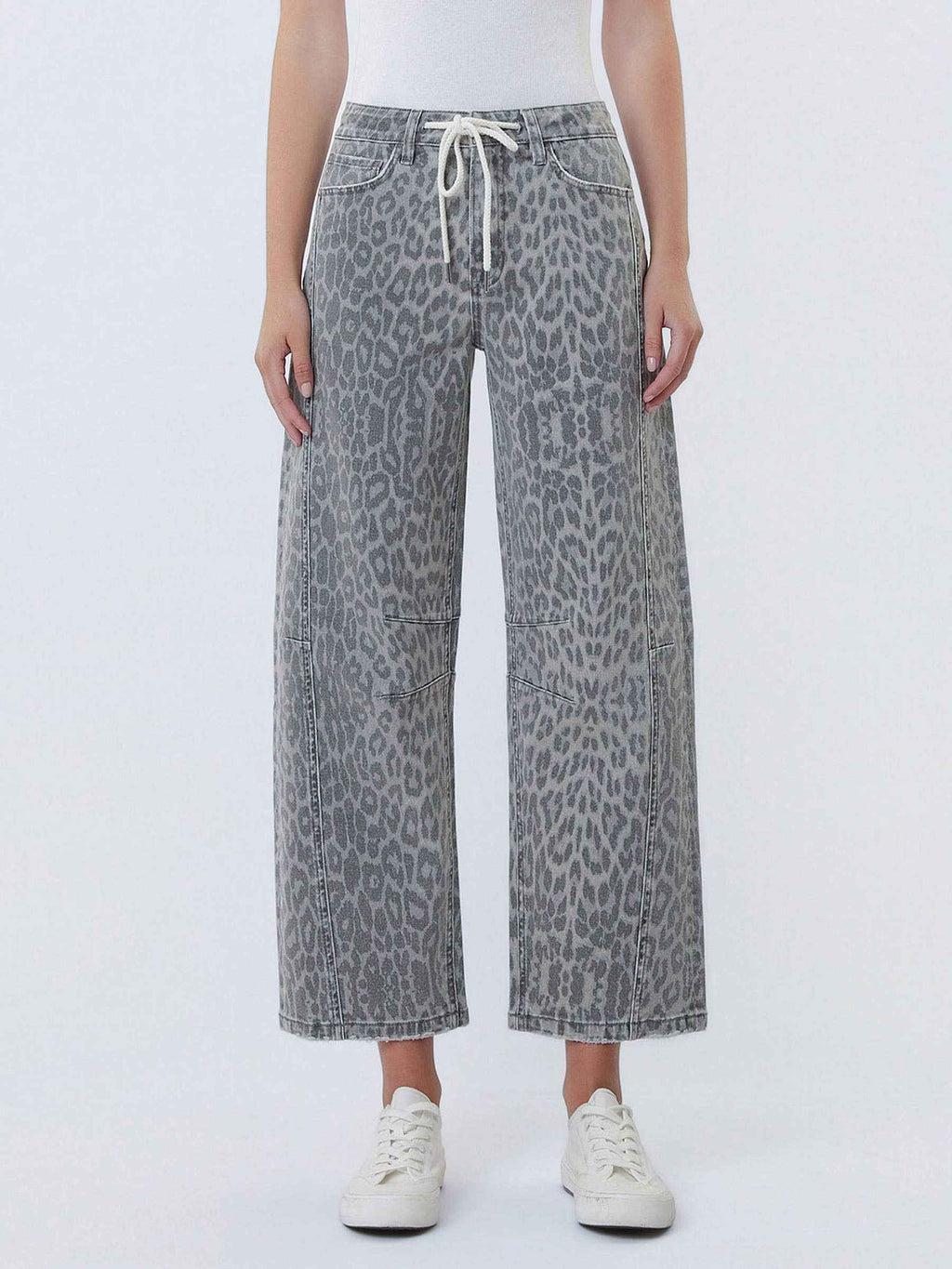 HIGH RISE DRAWSTRING GREY LEOPARD BARREL JEANS T7327GLP