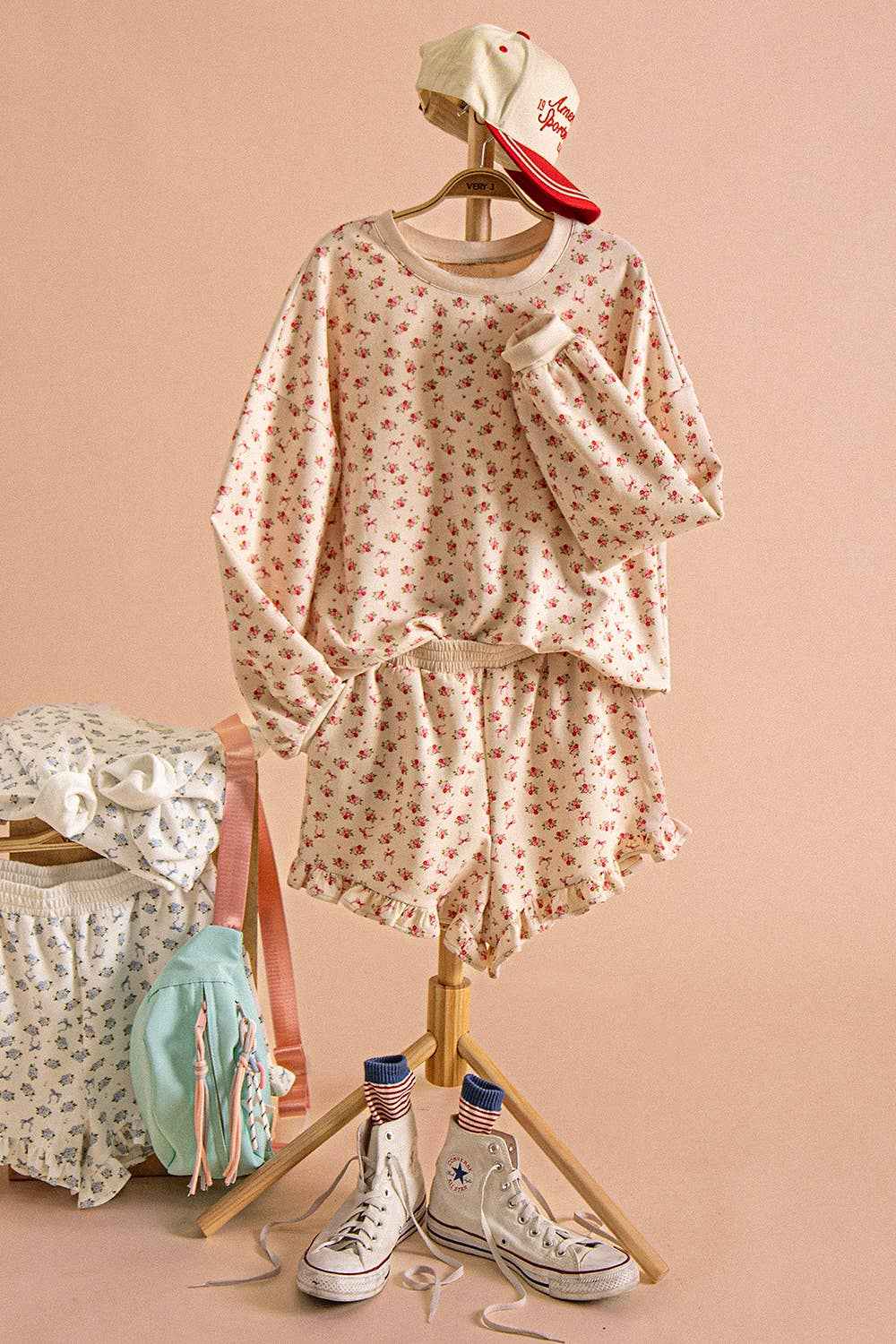 NT12635SET-Floral Printed Knit Comfy Top & Shorts Set