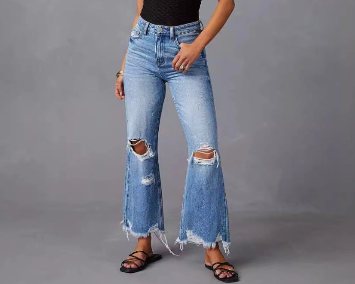High Waist Distressed Wide Leg Denim Pants with Tie-Dye Wash