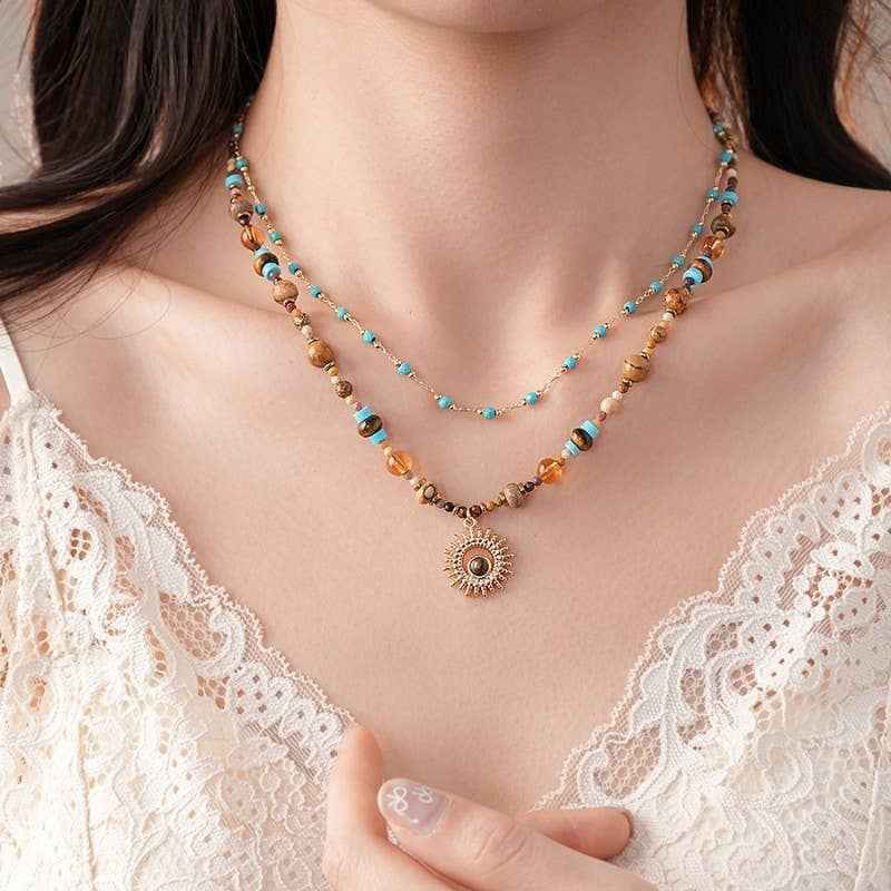 MULTI LAYER  NATURAL STONE CHAIN CHARM NECKLACE | 40NK9625