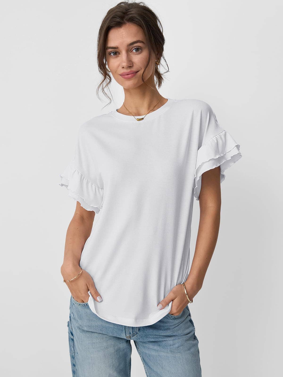 Women's Ruffle Sleeve Crew Neck T-Shirt – Casual Summer Solid Color Top