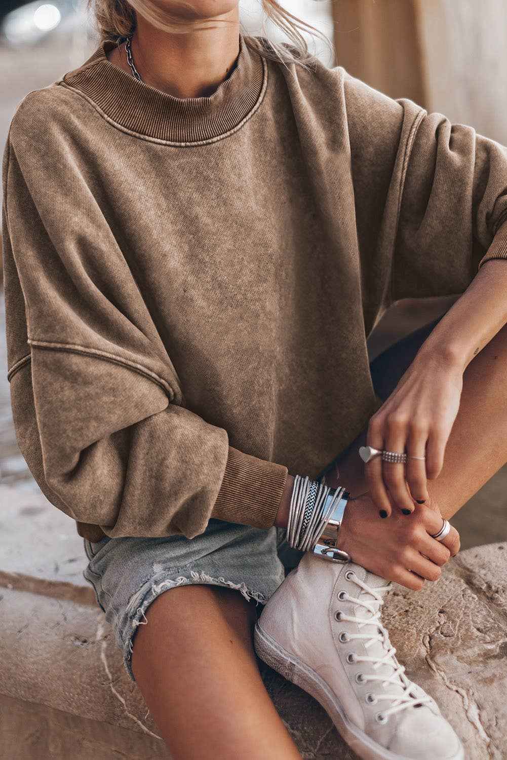 Solid Color Drop Shoulder Crew Neck Pullover Sweatshirt: Blue / 75%Polyester+25%Cotton / M