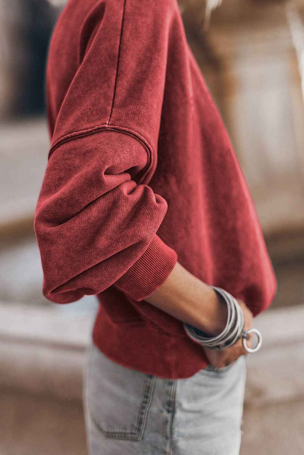 Solid Color Drop Shoulder Crew Neck Pullover Sweatshirt: Blue / 75%Polyester+25%Cotton / M