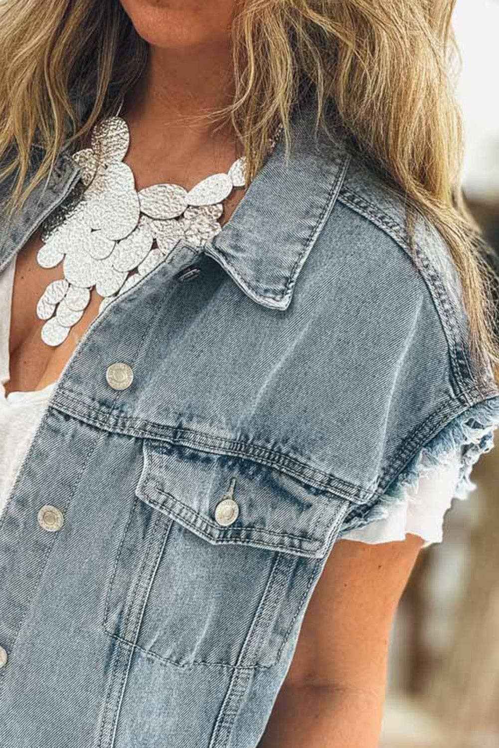 Myosotis Button Flap Pocket Frayed Detail Denim Vest