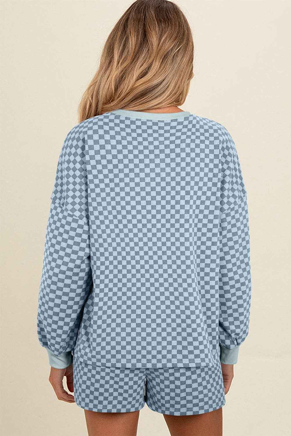 Sky Blue Checkerboard Long Sleeve Pullover and Shorts Set