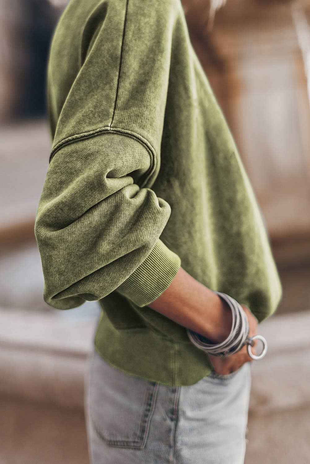 Solid Color Drop Shoulder Crew Neck Pullover Sweatshirt: Blue / 75%Polyester+25%Cotton / M