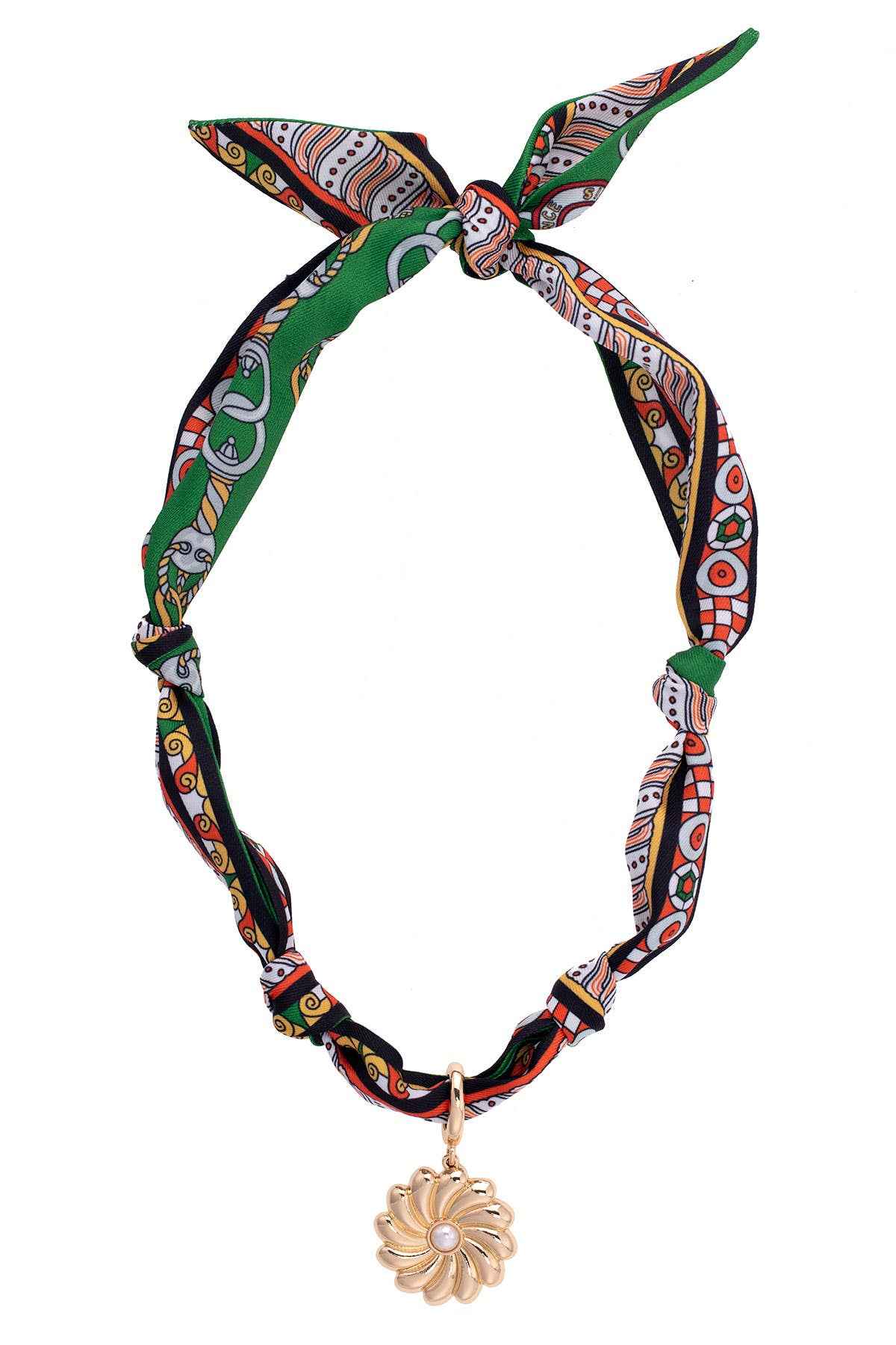 Gertrude Pearl Flower Scarf Necklace in Green/Black/Orange