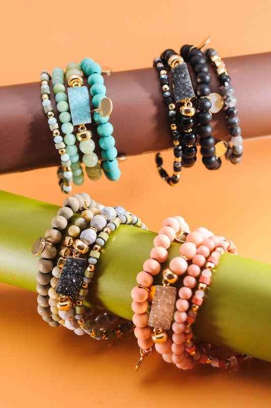 DRUZY WOOD NATURAL BEAD 4 ROW STRETCH BRACELET SET | 10B3031012