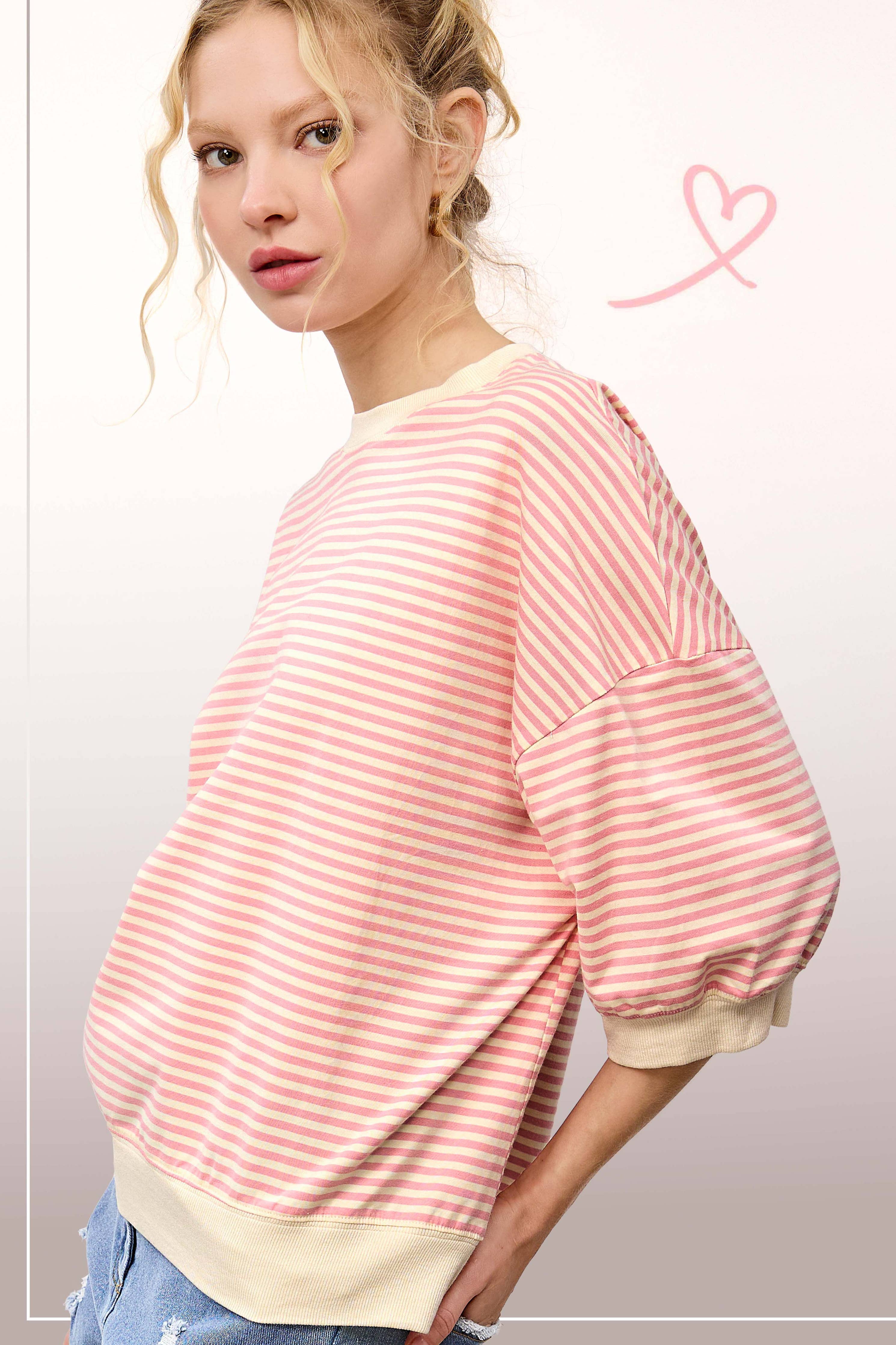 MCT7688-Loose Fit Striped Short Sleeve Crew Neckline Top