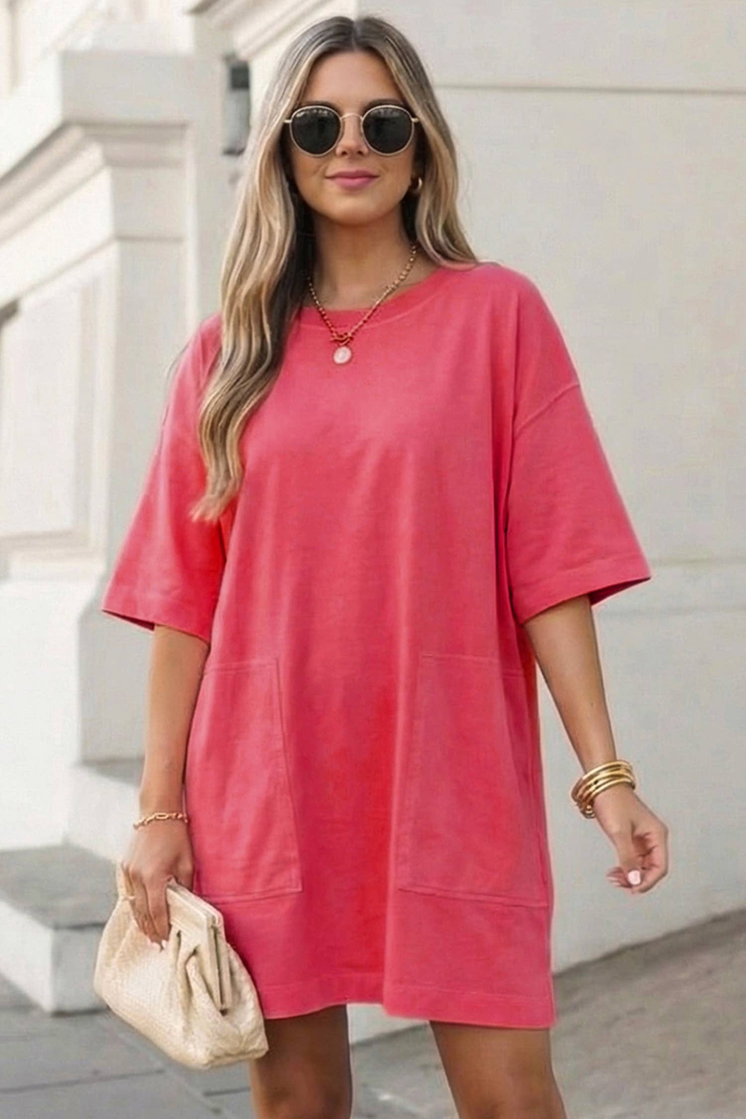 Solid Drop Shoulder Loose T Shirt Mini Dress | S-XL