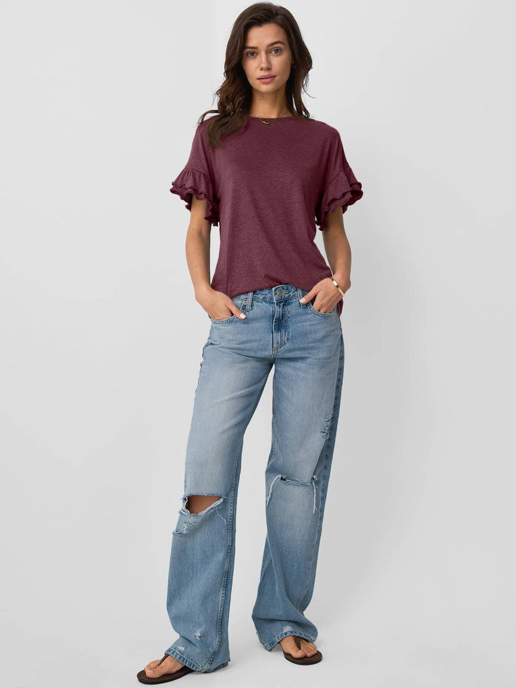 Women's Ruffle Sleeve Crew Neck T-Shirt – Casual Summer Solid Color Top