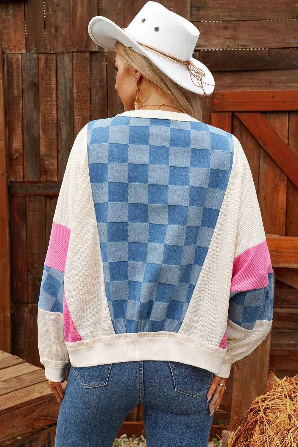 Fashion-W Checkered Denim Exposed Seam Patch Sweatshirt
