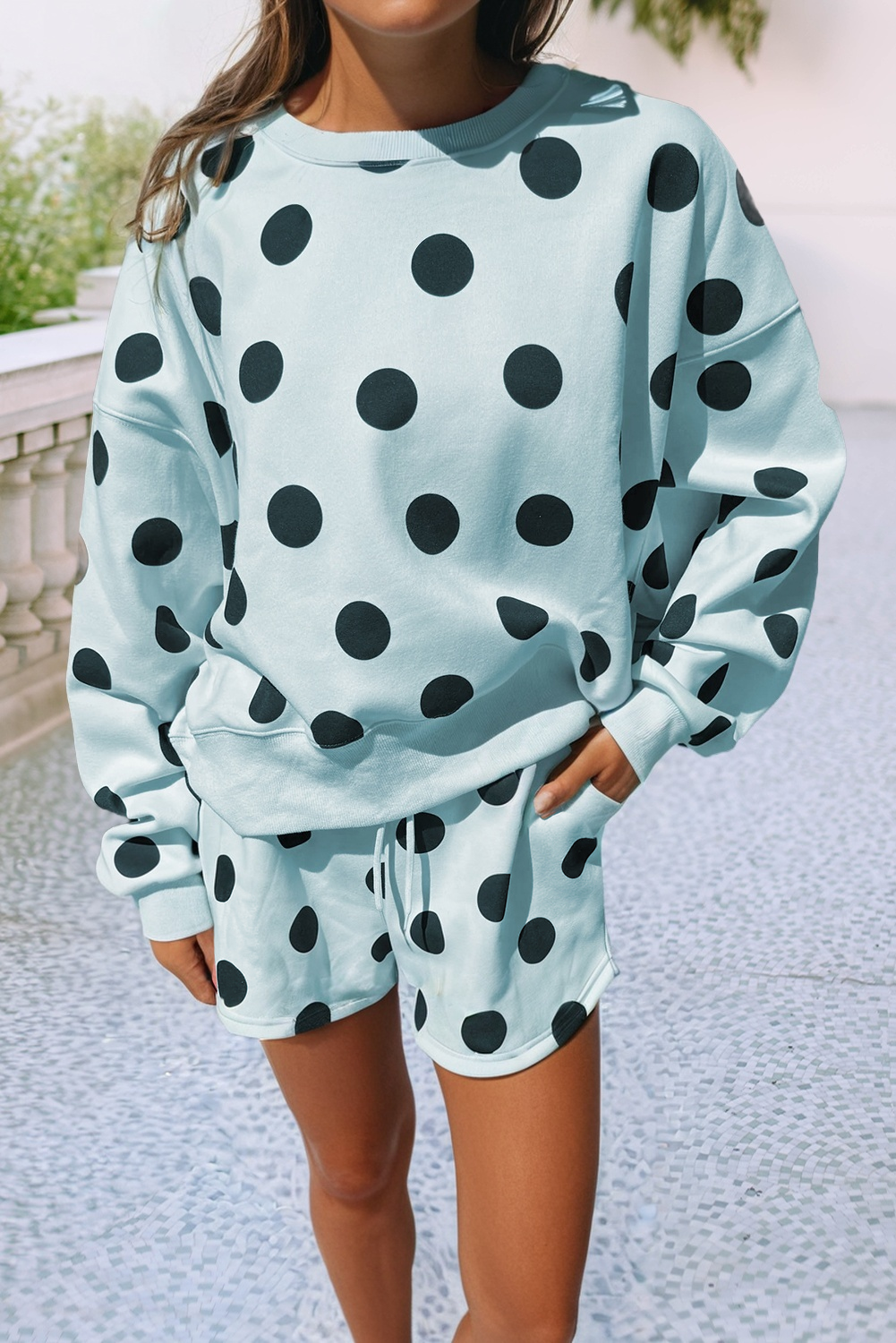 Polka Dot Drop Shoulder Pullover Drawstring Short Set